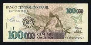 BRÉSIL, 100.000 cruzeiros 1993, autographe du designer Czeslaw Slania sur l'avers