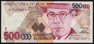 BRÉSIL, 500.000 cruzeiros 1993, autographe du designer Czeslaw Slania au verso