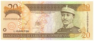 DOMINIKANA, 20 pesos 2003, autographe du créateur du nom de Czesław Słania au verso.