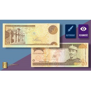 DOMINIKANA, 20 pesos 2003, autograph of designer Czeslaw Slania on the reverse side