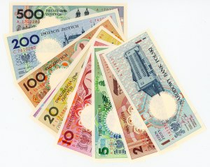 Polská města, sada 9 bankovek, 1 až 500 zlotých 1990