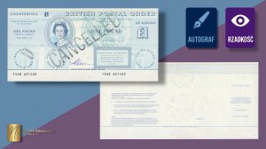 GREAT BRITAIN, postal order for £1 (pound) with designer Czeslaw Slania's autograph on the obverse