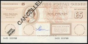 GREAT BRITAIN, postal order for £5 (pounds) with designer Czeslaw Slania's autograph on the obverse