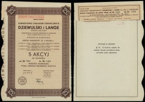 Polsko, 5 akcií po 250 zlotých = 1 250 zlotých, 1937, Varšava