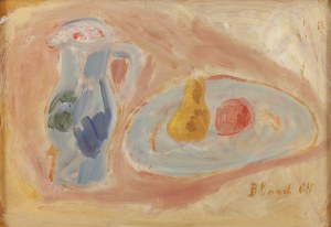 Maurice Blond (1899 Łódź - 1974 Clamart we Francji), Martwa natura z dzbankiem i paterą z owocami, 1964