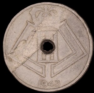 Belgium. 1943 25 Centimes Mint Error Struck Through Planchet