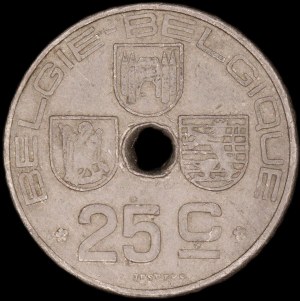 Belgium. 1943 25 Centimes Mint Error Struck Through Planchet