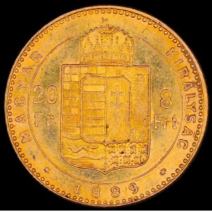 Hungary. 1889 20 Francs 8 Forint Franz Josef Gold