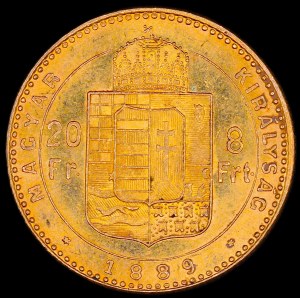 Hungary. 1889 20 Francs 8 Forint Franz Josef Gold