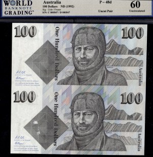 Australia. 1992 100 Dollars Uncut Sheet Low S/N