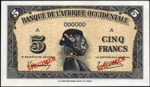 French West Africa. 5 Francs specimen