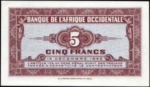 French West Africa. 5 Francs specimen