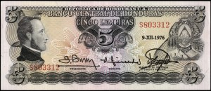 Honduras. 1976 5 Lempiras Prefix S
