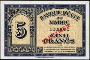 Morocco. 5 Francs specimen