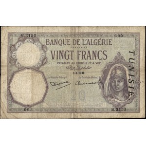 Tunisia. 1938 3-8 20 Francs Prefix M 3153 Unlisted in Pick Rare