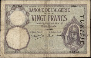 Tunisia. 1938 3-8 20 Francs Prefix M 3153 Unlisted in Pick Rare