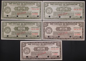 United States of America. 5 different 5 Dollars Bills The County of Monmouth