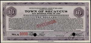 United States of America. 1933 10 Dollars Town of Secaucus Specimen