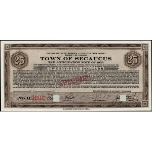 United States of America. 1933 25 Dollars Town of Secaucus Specimen