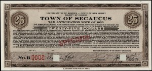 United States of America. 1933 25 Dollars Town of Secaucus Specimen