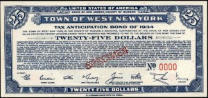 United States of America. 1934 25 Dollars Town of West New York