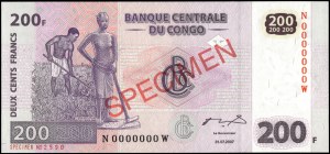Kongo. 2007 200 franků Vzorek