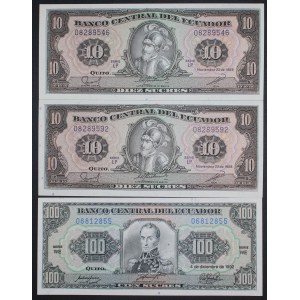 Ecuador. 1988-92 10 & 100 Sucres 3 Pieces