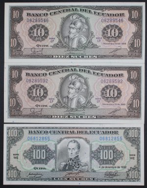 Ecuador. 1988-92 10 & 100 Sucres 3 Pieces