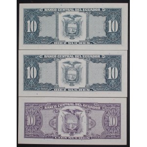 Ecuador. 1988-92 10 & 100 Sucres 3 Pieces