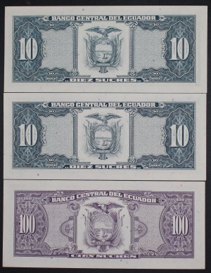 Ecuador. 1988-92 10 & 100 Sucres 3 Pieces