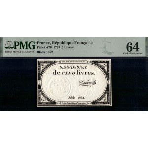 France. 1793 5 Livres Block 1052 Assignat