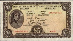 Irsko. 1952 5 liber Central Bank