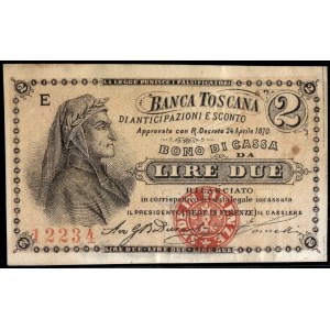Italy. 1870 Tuscany 2 Lire Banca Toscana Type I Center Seal Almost Escalator Serial Number 12234