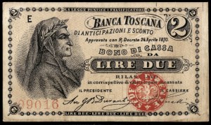 Italy. 1870 Tuscany 2 Lire Banca Toscana Type II Right Seal