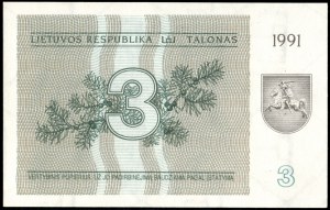 Lithuania. 1991 3 Talonas