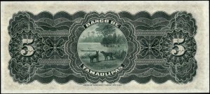 Mexico. 1914 Tamaulipas 5 Pesos Remainder