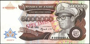 Zaire. 1992 5000000 Zaires Specimen
