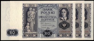 Poland. 1936 20 Zlotych Prefix CX 3 Consecutive Pieces