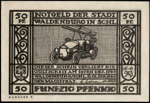 Poland. Wałbrzych 50 Fenigow 1920 Czarny nadruk wozu strażackiego