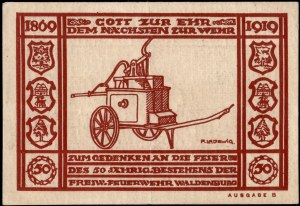 Poland. Wałbrzych 50 Fenigow 1920 Wóz strażacki czerwony nadruk