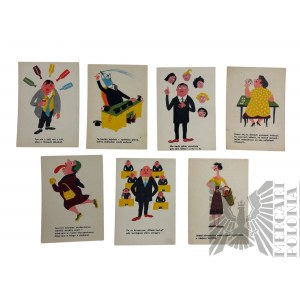 People's Republic of Poland - Set of Satirical Postcards, Drawn by Erik Lipinski, Text by Jozef Prutkowski; Wyd. Prasa