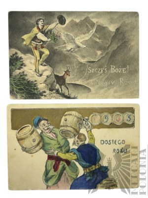 Début des années 1920s. - Carte postale Szczęś Boże w Nowym Roku, dessin de Walery Eljasz-Radzikowski (1904) ; Carte postale Dosiego Roku (1905)