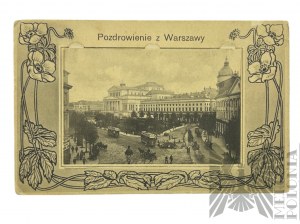 II RP (?) - Pocztówka Pozdrowienia z Warszawy: Gmach Teatru Wielkiego, Plac Teatralny