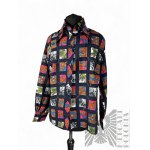 Vintage Navy Blue Shirt with Colorful Patterned Squares, Polyester, Size 52