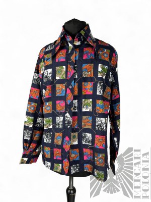 Chemise vintage bleu marine avec carrés à motifs colorés, polyester, taille 52