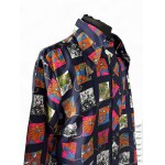 Vintage Navy Blue Shirt with Colorful Patterned Squares, Polyester, Size 52