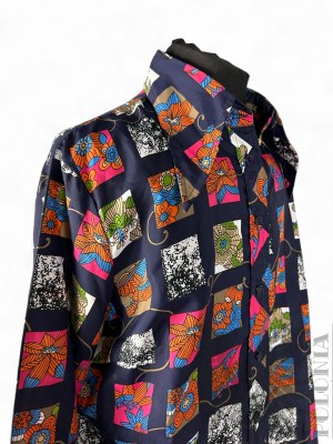 Chemise vintage bleu marine avec carrés à motifs colorés, polyester, taille 52