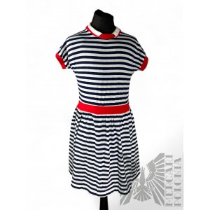 Dress in Navy-Blue Stripes with Red Drawstrings, Size 10