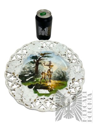 Porcelain Plate with Gilding Noble Deer (Cervus Elaphus)