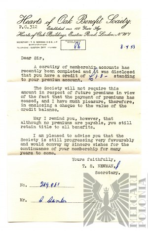 1945, United Kingdom, London - Letter of Name to Members of the Hearts of Oak Benefit Society: Membership Dues